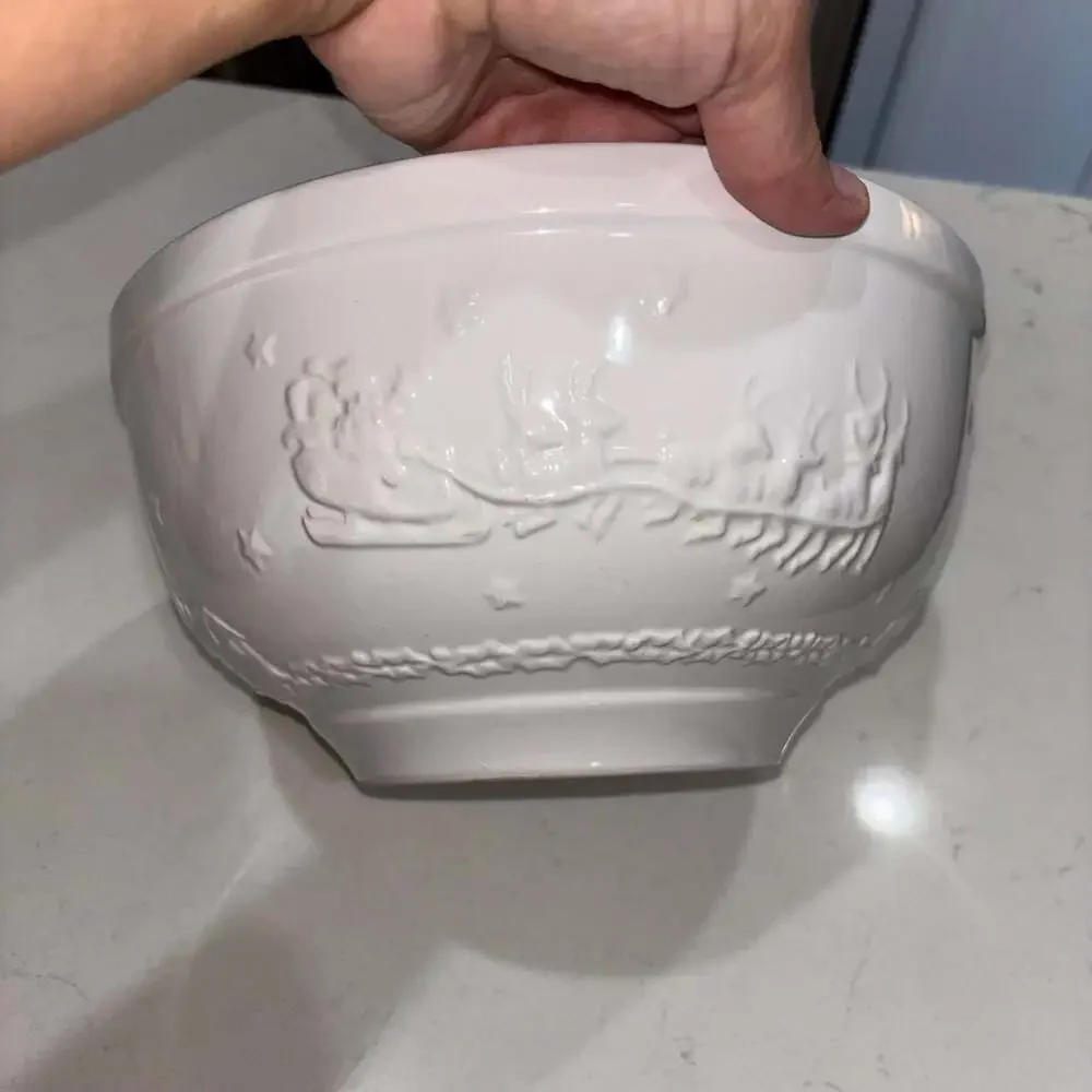 White Ceramic Embossed Christmas Bowl with Santa Sleigh and Cabin